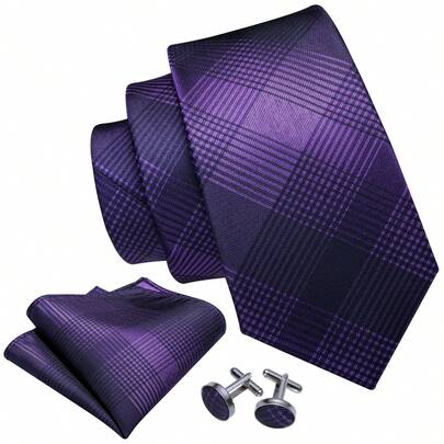 Purple Plaid Jacquard Tie Set, 3PCS With Pocket Square & Cufflinks, Elegant Accessory For Wedding, Business & Formal