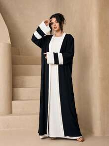 時尚百搭冰絲皺褶女款 4 件套優雅無袖長袍 + Abaya 開襟長袍 + 圍巾 + 腰繩套裝，親膚柔軟防曬穆斯林服飾披肩 - 黑與白 - 查看 5