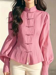 Solstice Apparel Blus Wanita Gaya Cina Kerah Tegak Kancing Katak Lengan Lentera yang Mengencangkan Pinggang Gaya Vintage untuk Komuter - Watermelon Pink - View 6