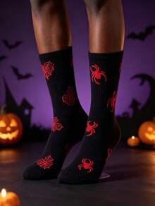 2/4 Pairs Men's Gothic Style Halloween AB Mid-Calf Socks, Printed With Spider And Spider Web Patterns, Fun Mid-Calf Socks, Versatile And Comfortable, Suitable For Halloween, Daily Sports Wear, Back To School Season, Perfect Gift - Multicolor - View 3