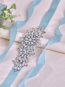 1pc Fashion Bridal Wedding Dress Belt, Light Blue Pearl Decoration, Handmade Rhinestone Waistband, Suitable For Party, Banquet Dress Waist Accessory - Blue Ribbon - View 2