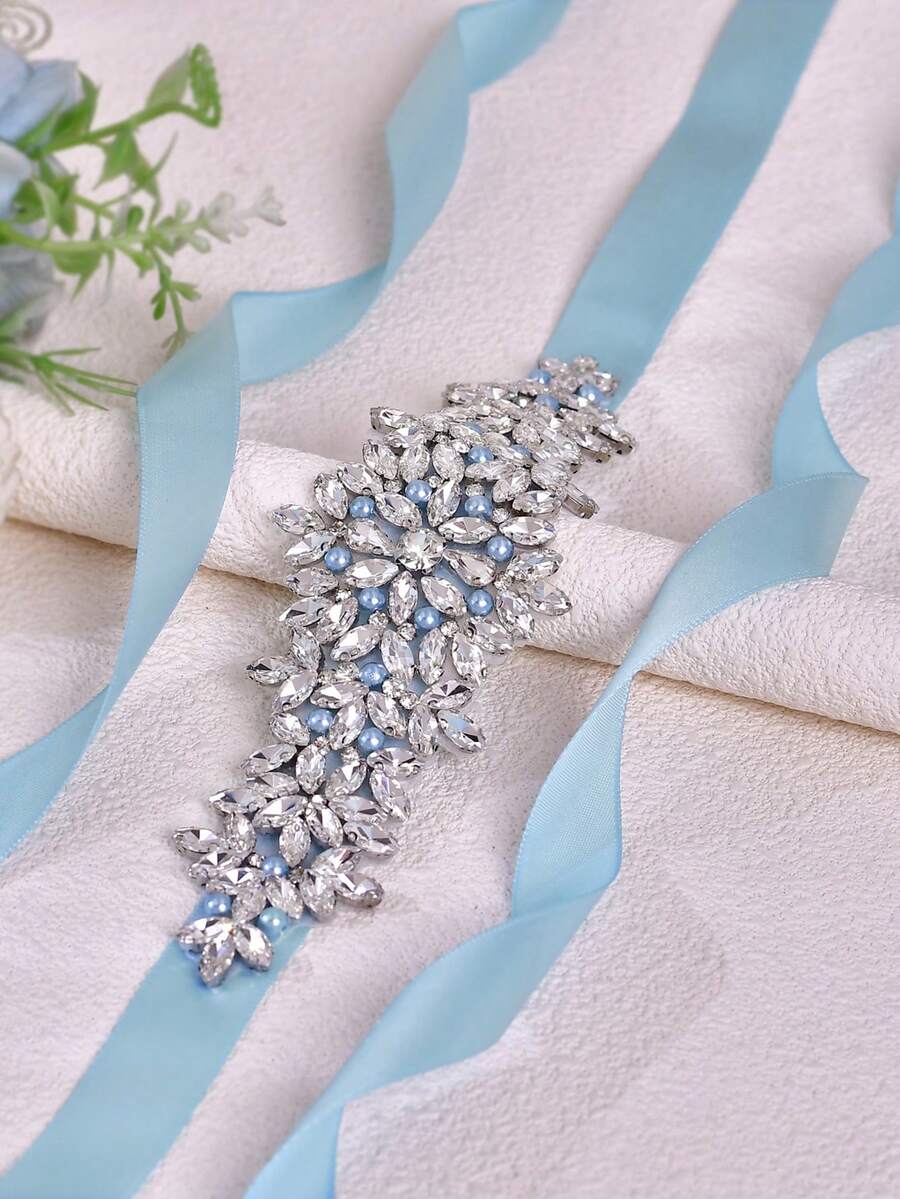 1pc Fashion Bridal Wedding Dress Belt, Light Blue Pearl Decoration, Handmade Rhinestone Waistband, Suitable For Party, Banquet Dress Waist Accessory