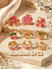 VceTd Random 4/6/8PCS Cute Flower/Fruit/Heart Shaped Design Stainless Steel Women's Jewelry Set Suitable For Women's Daily Wear Or Vacation - Yellow Gold - View 11