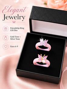 2Pcs Pink Butterfly Cubic Zirconia Silicone Ring Set With Gift Box US Size 6-9 BFF Friendship Matching Rings - Silicone Ring Gift Box - View 20