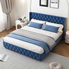 With Slatted Base And Headboard, Button Tufting, Rivet Decoration, Wooden Legs, Linen - 藍色 - 查看 5