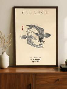 1pc Koi Fish Print, Yin Yang Poster Aesthetic Vintage Wall Art, Black And White Japanese Art Print, Red Cream Koi In Water Japanese Art Print, Minimalist Inspired Poster, Mindfulness Wall Decor, Christmas Decorative Wall Art, Framed/Unframed - 1pc - View 1