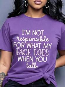 Women I'M NOT RESPONSIBLE FOR WHAT MY FACE DOES WHEN YOU TALK Slogan Graphic Tee Round Neck Short Sleeve Casual Daily All Season Summer Tshirt - 紫色 - 查看 9