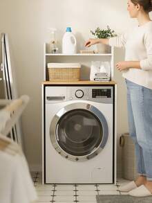 SoBuy | Washing Machine Cabinet With Oak Top | Over Washer Storage Shelf For UK Standard Washers | Utility Cupboard With 2 Shelves | 66*60*126 Cm | Load Capacity 33 Kg - 白色 - 查看 8