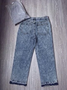 Vintage Distressed Denim Jeans For Men, Street Style Frayed Hem Straight Leg Jeans, Blue Washed Loose Fit Versatile Denim Pants - Blue - View 3