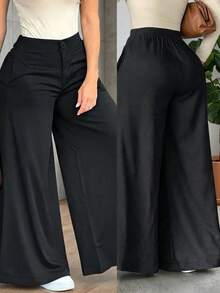 Plus Size Woven Wide Leg Long Pants With Button & Zipper Detail, Chic And Comfortable Non-Stretch Trouser For Everyday Wear Black - Black - View 6