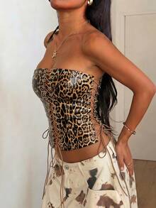 Whisplicity Sexy Spaghetti Strap Ruffle Hem Crop Top, Suitable For Beach Vacation Casual - Camel - View 5