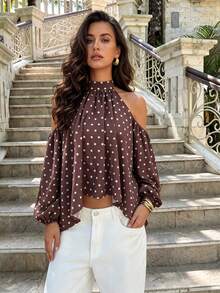 New Vintage French Style Women's Brown With White Polka Dot Halter Neck Cold Shoulder Top, Lazy Puff Sleeve Loose Flattering Polka Dot Blouse, Puff Sleeve Loose Asymmetrical Hem Commute Elegant Shirt For Women - Rust Brown - View 4