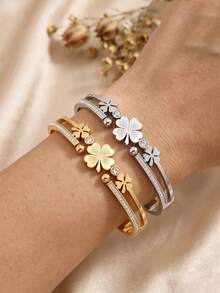 2pcs/1pc Lucky Grass 3D Flower Spring Bracelet Stainless Steel Plated 18K Gold Buckle Women's Decorative Bracelet - Multicolor - View 2
