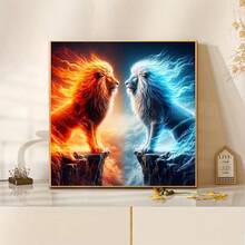 1PC | 5D DIY Diamond Painting | Ice And Fire Lion Pattern Diamond Painting Kit, Round Full Drill Mosaic Craft Set, High-Definition Art Diamond Painting, Focus And Relax Your Mind Through DIY, Suitable For Living Room, Bedroom, Office Wall Decoration, Surprise Holiday Home Decor Gift For Family And Friends, Unframed - round diamond - View 2