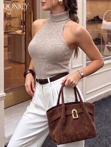 DONICY Women's Oat Turtleneck Halter Sleeveless Knit Sweater Vest, Elegant Outfit For Spring Autumn Inner Wear - Camel - View 6