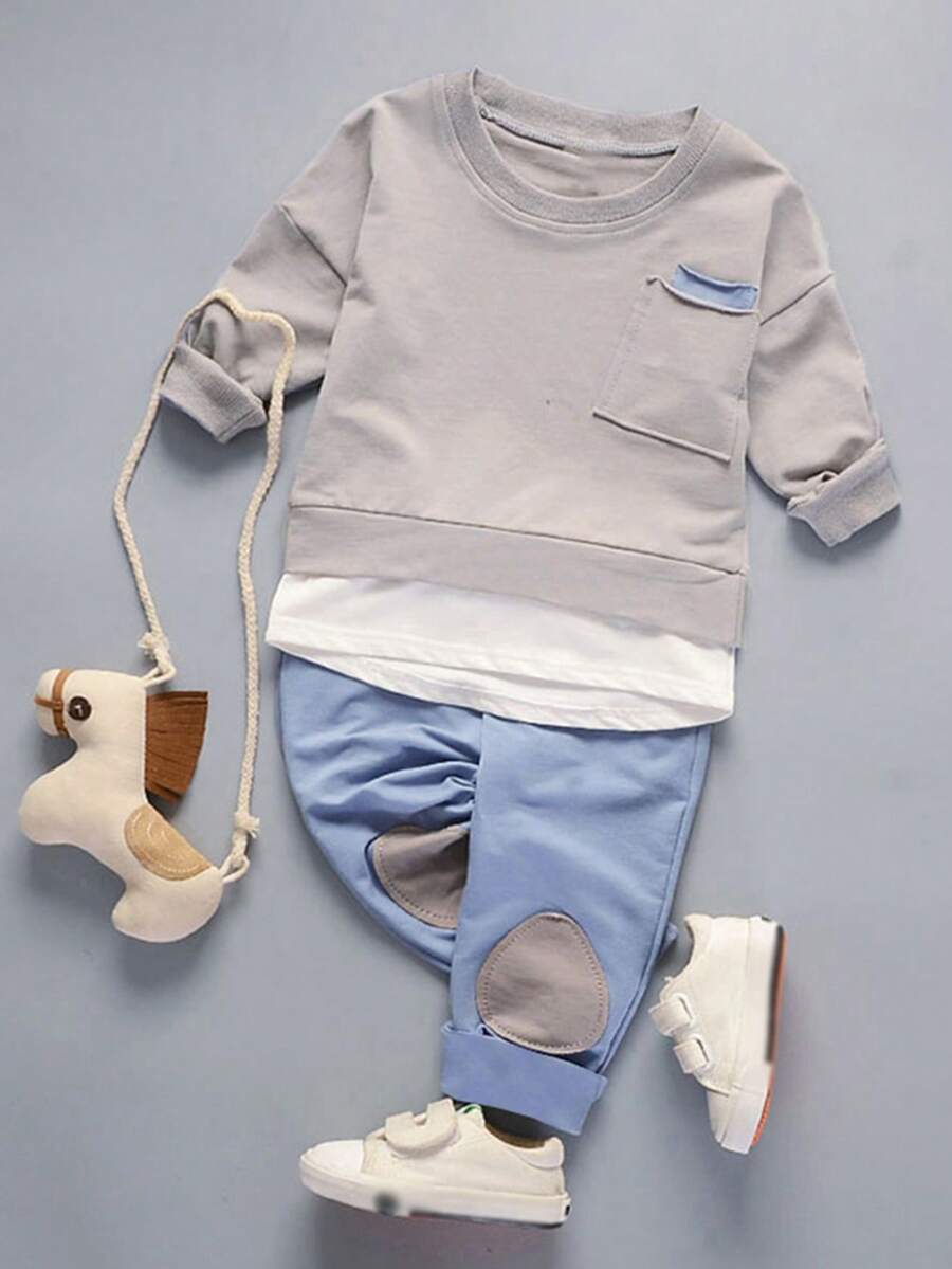Baby Boy Spring/Autumn Fashion Applique Embroidered Personalized Hem Long Sleeve Pants Set - Khaki - View 1