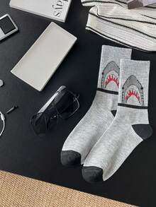 2/3 Pairs Shark Print Colorblock Mid-Calf Socks, Unisex Retro Patchwork Breathable Socks, Street Skateboard Versatile Student Slouch Socks - Multicolor - View 3
