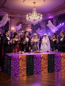1pc Halloween Rainbow Tassel Table Skirt, Halloween Party Decoration, Orange Purple Black Wavy Metallic Foil Trim Table Skirt, Perfect For Rectangular Or Round Dining Table Decoration, Halloween Birthday Home Indoor Outdoor Party Supplies, Party Supplies Halloween Decoration - View 4