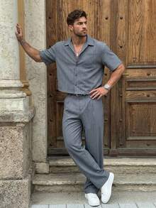 DAZY Men's Short Sleeve Front Button Casual Summer Shirt Set - Grey - View 4