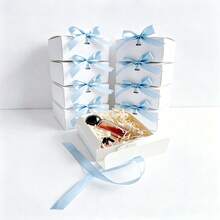 16pcs White Gift Boxes With Blue Ribbon, 7.8x10.6x3.5 Inch Foldable Bridal Party Favor Boxes, Suitable For Bridesmaid Invitation, Wedding, Birthday Gift, Baby Shower, Party, Valentine's Day Gift, Packaging, Birthday, DIY, Cosmetic Storage, Graduation Gift, Back To School Gift Packaging, Wedding Party Decoration - White and Blue Strap - View 2