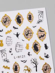 2 Peças Adesivos de Arte de Unhas com Moldura Dourada para Halloween, Silhueta Escura Vintage, Fantasma, Abóbora, Árvore Murcha, Aranha, Padrão de Morcego, Decoração de Unhas DIY para Festa de Halloween em Estilo Gótico, Suprimentos de Arte de Unhas de Outono - Multicolorido - Visão 7