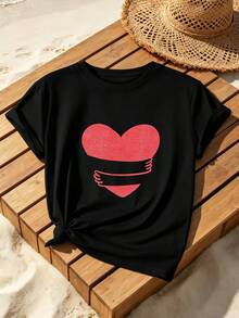 Heart Print T-Shirt, Quality Fabric, Comfortable And Relaxed Fit, Casual, With Unique Graphic Print. - Black - View 2