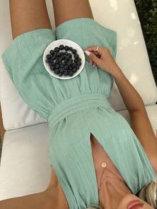 女款淺綠色紋理布料無袖連身短褲，性感抓皺腰部短版連身褲，夏季海灘度假休閒外出穿搭 - 豆綠色 - 查看 10