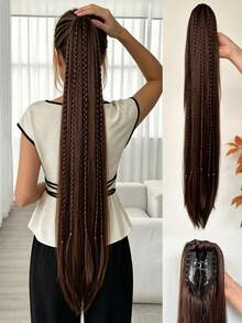 30 Inch Brown Multi-Color Gradient Straight Synthetic Ponytail Wig (Braided Design); Suitable For Women To Wear On Christmas, Halloween, Music Festivals, Parties And Daily Life. - Multicolor - View 5