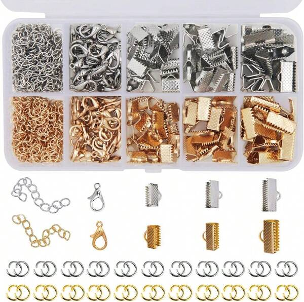 EuTengHao Kit de 440 piezas de pulseras de cinta, marcadores de libros, terminales de crimpado, suministros de joyería, incluye terminales de cinta, crimpados, cierres de langosta, anillos abiertos