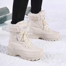女款中筒綁帶雪地靴，毛絨飾邊保暖抓絨內裡增高馬丁靴，防滑厚底冬季戶外走路靴 - 米色 - 查看 1