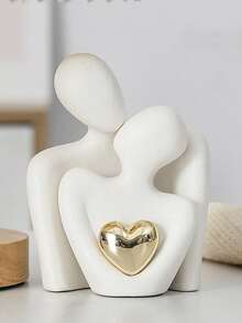 Black Abstract Hugging Couple Statue With Gold Heart, Modern Minimalist Romantic Desktop Decor, Home Wedding Anniversary Valentine's Day Love Relationship Ornament Gift - A1 - View 10