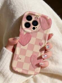 1 pieza Funda de teléfono con textura suave de TPU, diseño creativo y personalizado de onda de dopamina con volantes, patrón de tablero de ajedrez rosa con corazón, compatible con Galaxy S21 S22 S23 S24 S25 S26/Honor/ y talla grande modelos - Blanco - Ver 3