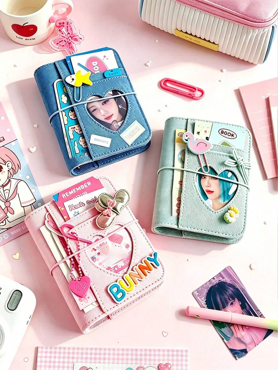 M5 Loose-Leaf Mini Notebook Sticker Storage Album Sticker Collection Book Card Storage Album Pink Blue Denim Heart Loose-Leaf Notebook With Elastic Band Photo Card Collection Album Idol Photo Album - M5 - View 1