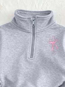 2pcs Girls' Cross Bow Print Half-Zip Sweatshirt & Pants Set, Fashionable & Comfortable Autumn/Winter Outfit - Grey - View 4