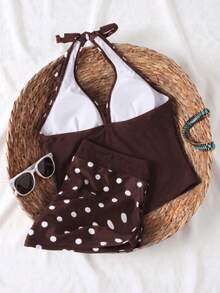 New Fashion Women's Casual Elegant Backless Polka Dot Bikini Set, Made Of High Elastic Fabric, Suitable For Summer Beach Wear - Light Brown - View 4