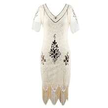 Retro Gatsby Pailletten-Quasten-Abendkleid Bühnenaufführung Kostüm Set - Aprikosenfarbenes [einteiliges Kleid] - Übersicht 1