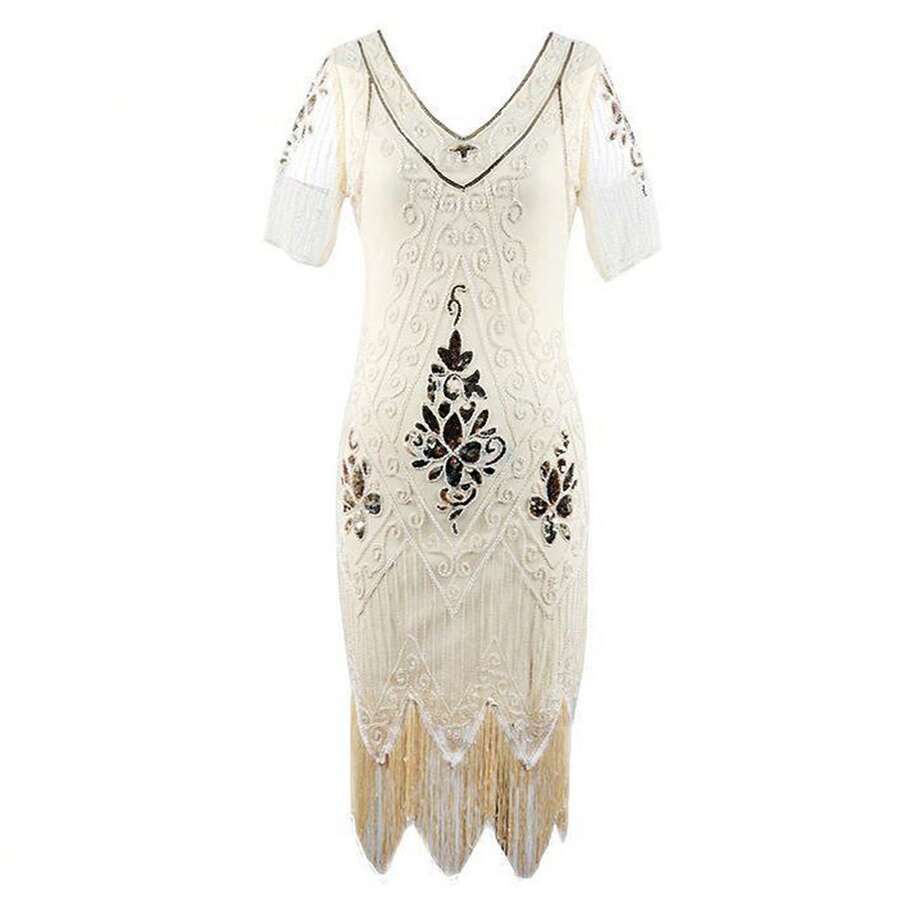 Retro Gatsby Pailletten-Quasten-Abendkleid Bühnenaufführung Kostüm Set - Aprikosenfarbenes [einteiliges Kleid] - Übersicht 1