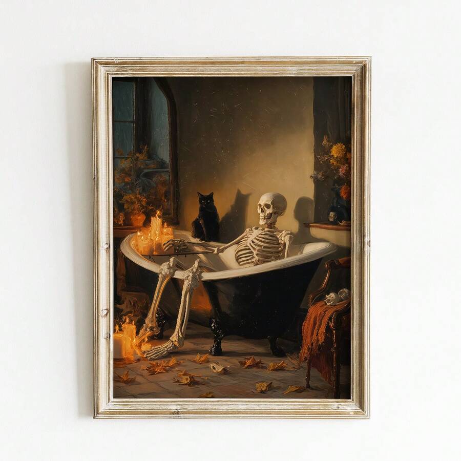 1pc Frameless Vintage Spooky Skeleton Bathtub Halloween Wall Art Poster, Funky Retro Decor For Dorm, Bedroom, Party Gift - Skeleton - View 1