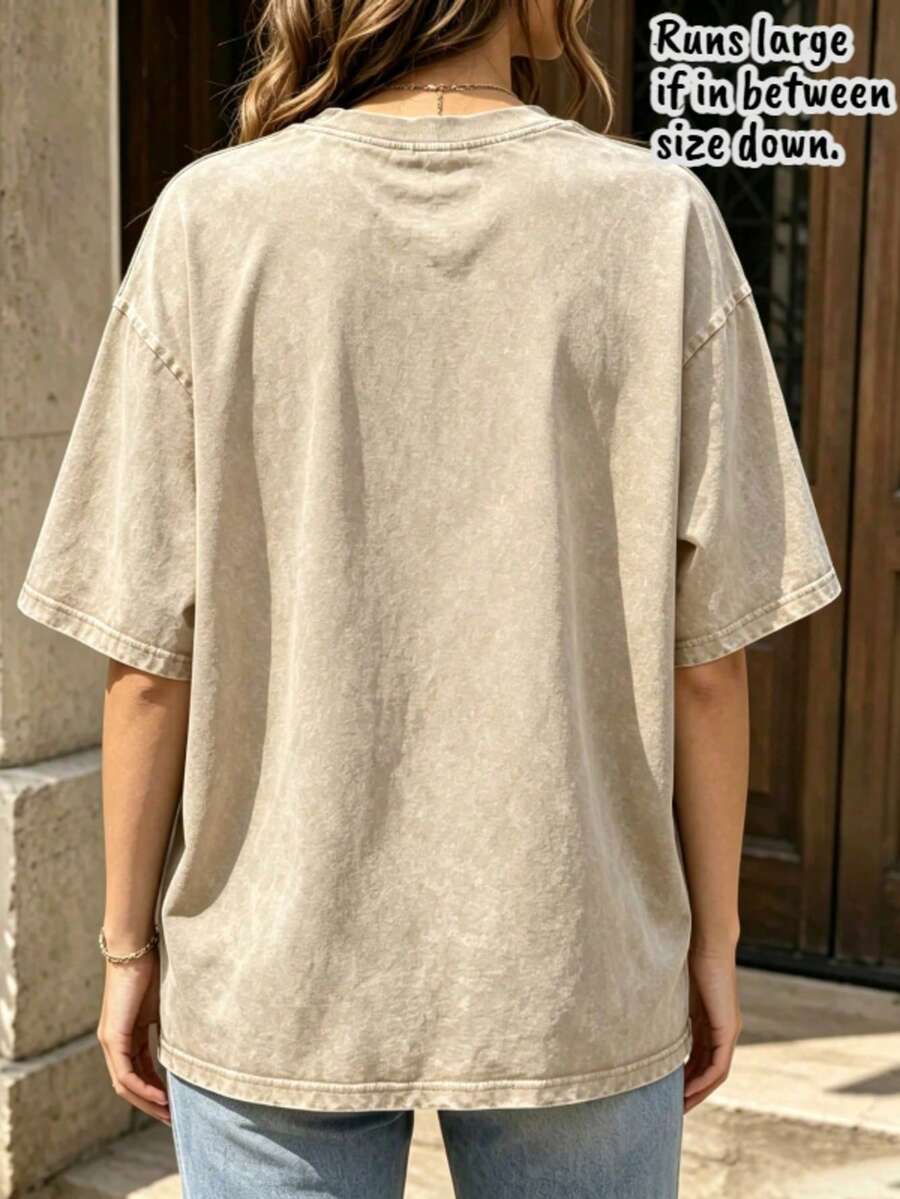 1pc Local Shopping Plus Size 230g Heavyweight 100% Cotton Vintage Washed Basic Oversized T-Shirt - 杏色 - 查看 1