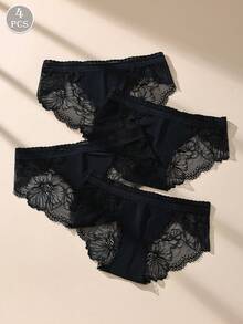 4 buah Celana Dalam Segitiga Wanita Pinggang Rendah Motif Renda Hitam, Romantis & Seksi - MultiWarna - View 5