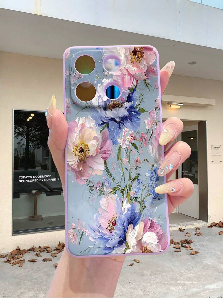 1 pieza Funda de teléfono de moda con pintura al óleo pura de Android, patrón de elementos florales azul & rosa, borde púrpura, anti-caída, anti-choque, protección completa de lente, alta moda, adecuada para hombres & mujeres, opción ideal para entusiastas de la moda, minimalista & elegante, compatible con Samsung/VivoY20/Y21/Y03/HONOR X8/X8B/X7A/X5/X9B/X9A - Morado - Ver 1