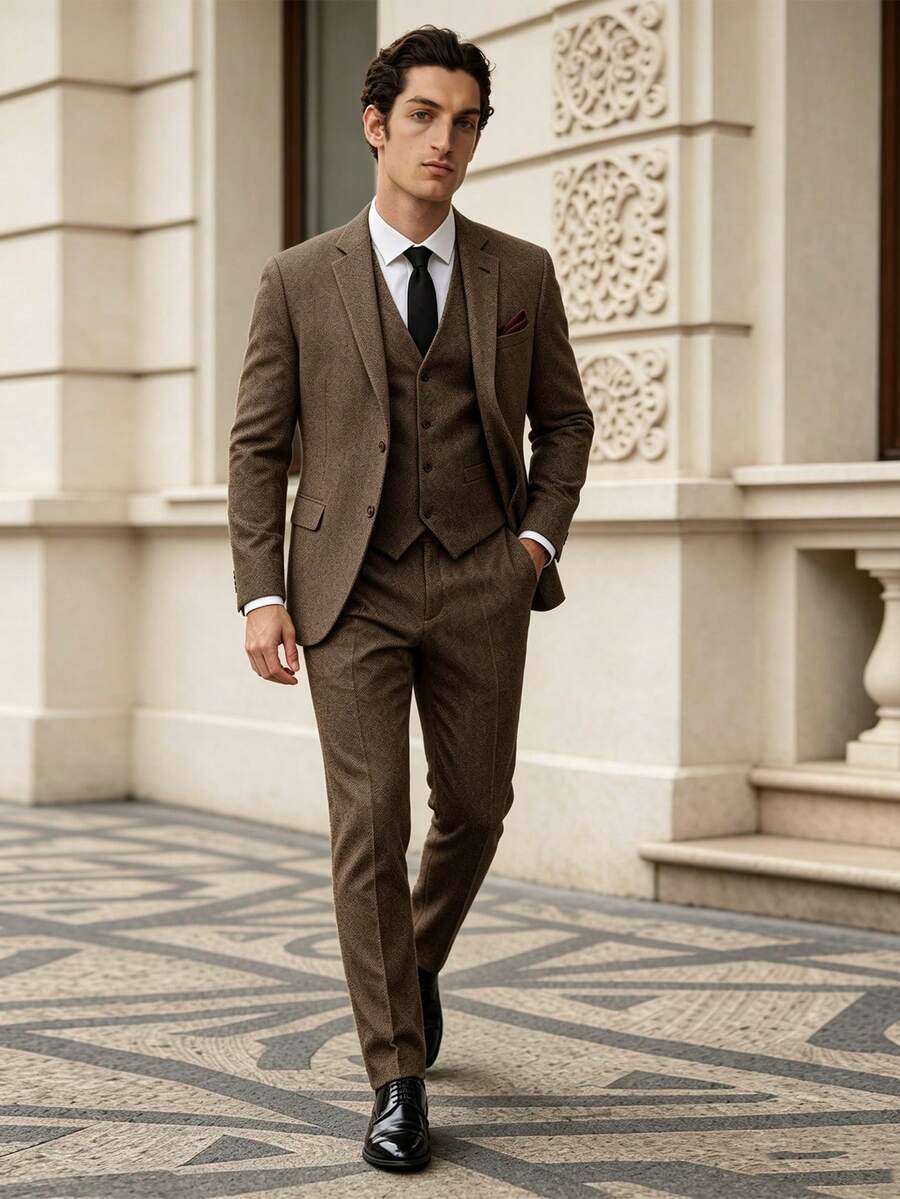 WindsorQuad 男士人字紋三件式優雅西裝套裝,修身商務婚禮西裝外套、背心與長褲套裝,正式派對老錢風 - 棕色 - 查看 1