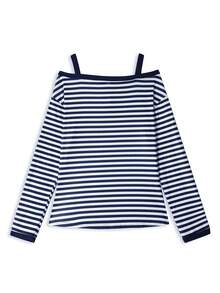 Korean Style Autumn New Slouchy Striped Half-Open Collar Open Shoulder Long Sleeve T-Shirt For Women - Navy Blue - View 6