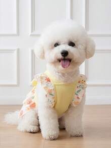 LUCKIE LABO 一件复活节花卉彩蛋印花荷叶袖公主裙，适合吉娃娃、小型犬，优雅芭蕾舞风格吊带裙，室内外宠物服装 - 黃色 - 查看 2
