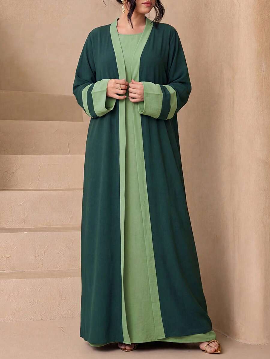 Fashionable Versatile Ice Silk Crinkled 4-Piece Set Women's Elegant Sleeveless Long Robe + Abaya Cardigan Long Robe + Scarf + Waist Rope Set, Soft Skin-Friendly Sun Protection Muslim Clothing Shawl - Green - View 1