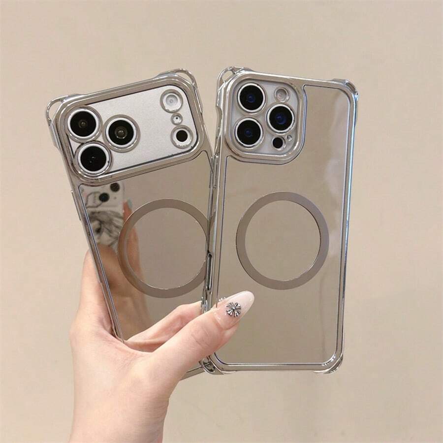 1pc Electroplated Mirror Magnetic 14/13/12/11/17/16/15 Pro Max Shockproof Phone Case - Clear - View 1
