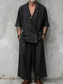 GOLDREDY Zen Slouchy Men's 2 Pieces Set, Asymmetrical Slanted Collar Short Sleeve Top And Loose Wide Leg Pants - Black - View 3
