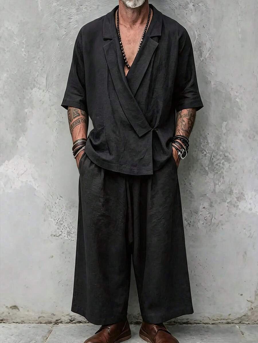 GOLDREDY Zen Slouchy Men's 2 Pieces Set, Asymmetrical Slanted Collar Short Sleeve Top And Loose Wide Leg Pants - Black - View 1