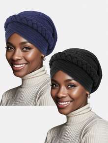 2pcs Women's Ruched Handmade Braided Headscarf Hats, Suitable For Daily Wear - Multicolor - View 4