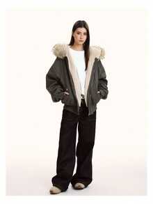 Women's Winter Hooded Parka Coat With Faux Fur Trim, Black Long Sleeve, Zipper Pockets, Fitted Hem, Regular Length, 100% Polyester Filling - Army Green - View 12